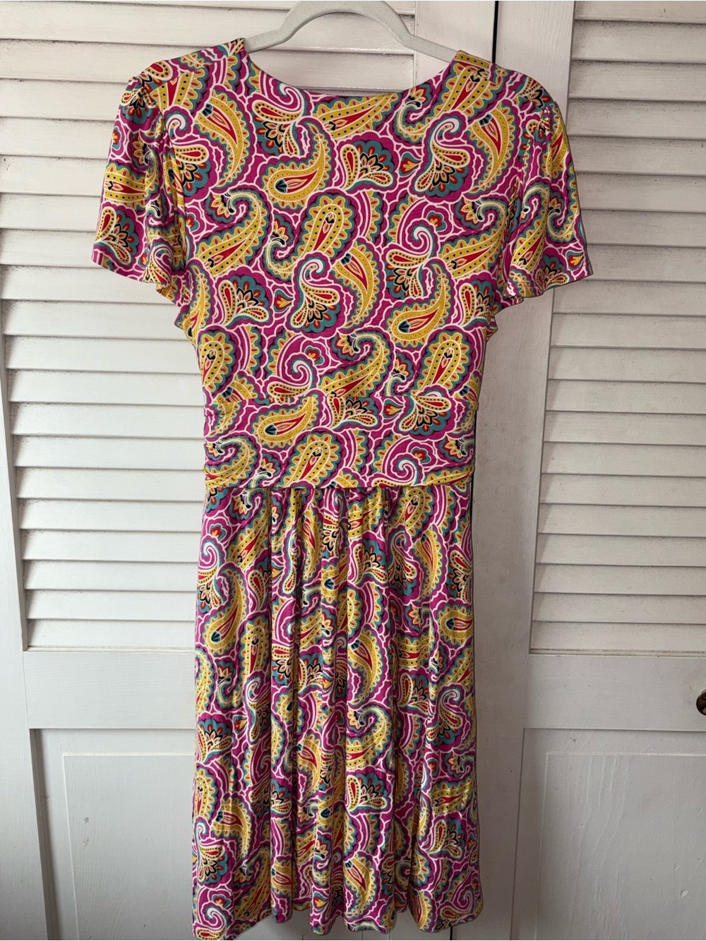 Boden Evangeline Paisley Jersey Faux Wrap Dress Pockets Pink Yellow Midi 12P - Picture 5 of 7